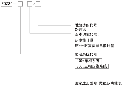 PD224-100E、PD224-300E導軌式安裝電能表型號命名 PD224-100E、PD224-300E導軌式安裝電能表型號命名